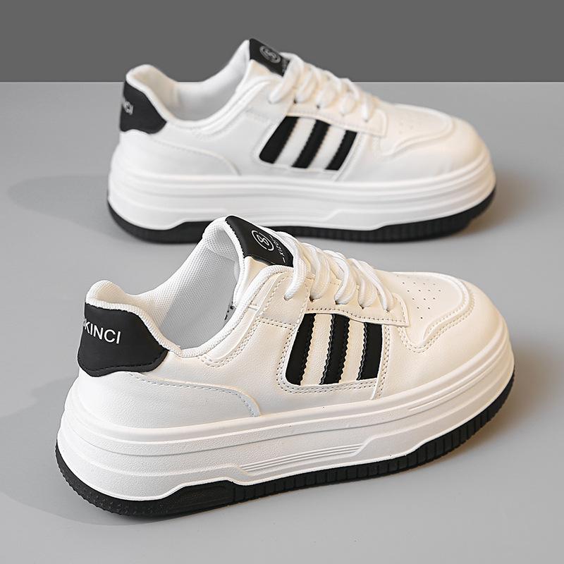 Damen Leder Dicksohlen Schuhe Frühling Neu Rundkopf Schnürschuhe Bequem Vielseitig Studenten Freizeit Sport Weiße Schuhe