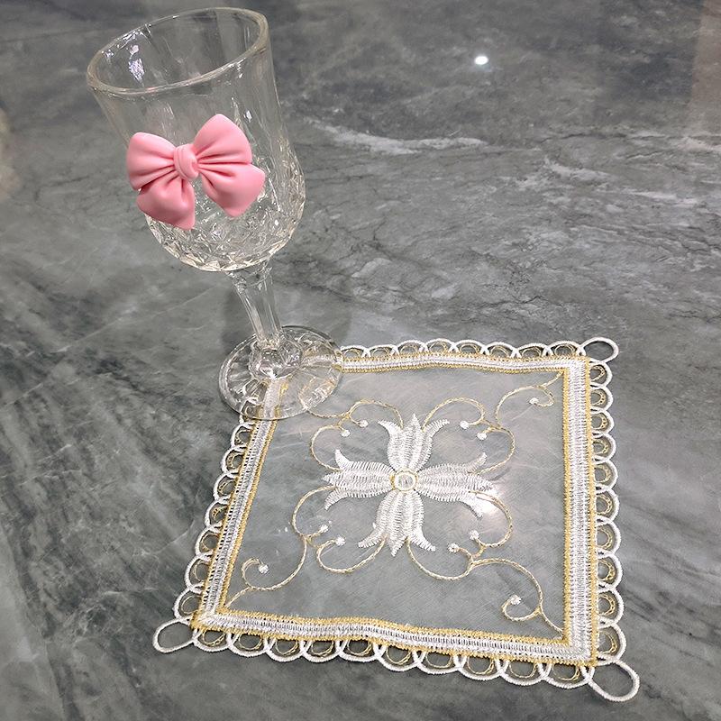 Square Coaster European Lace Embroidered Hollow Dining Table Mat Household Plate Bowl Mat Ornament Fabric Mesh Decorative Mat