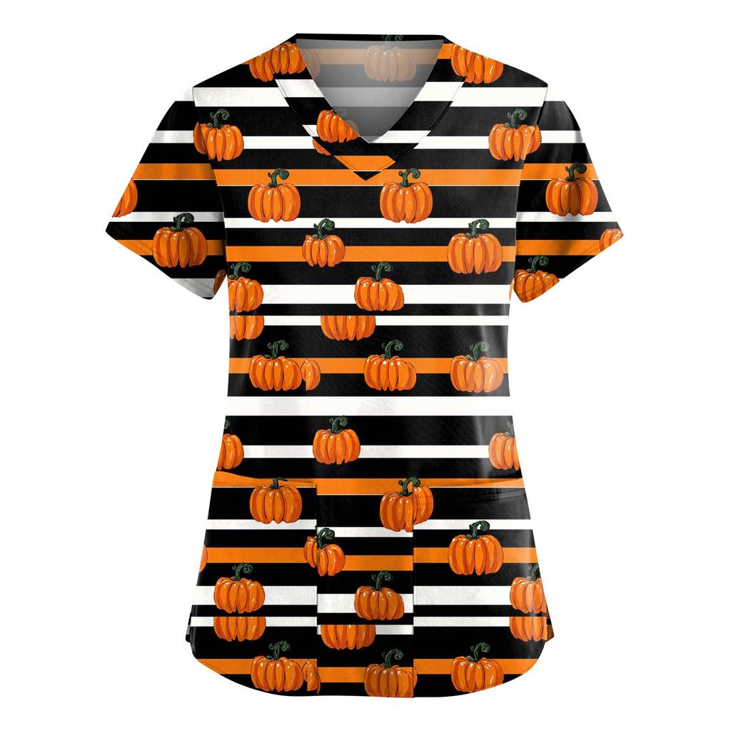 Women's Fashion V-Neck Short Sleeve Overalls With Pockets Halloween Printed Tops  Apparel