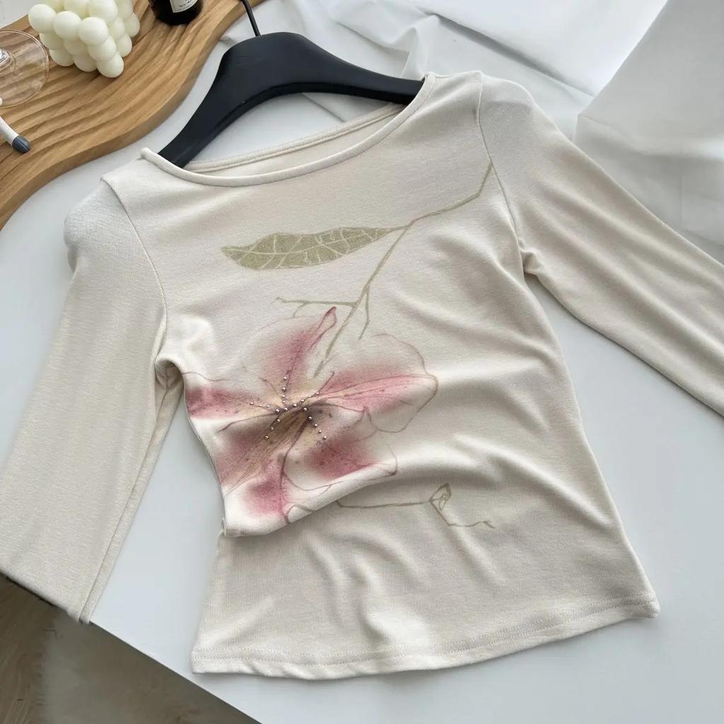 Fairycore Slim Graphic T Shirts Long Sleeve Korean Fashion 2000s Clothes Y2k Women's T-shirt New Tops Tees