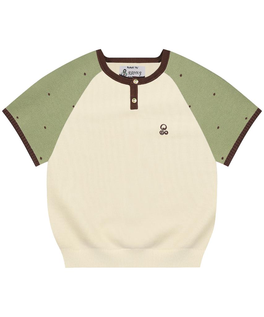 RuNaKi'Hu' Wxk019 Dot Raglan Color Block Short Sleeve Knit (Ivory)