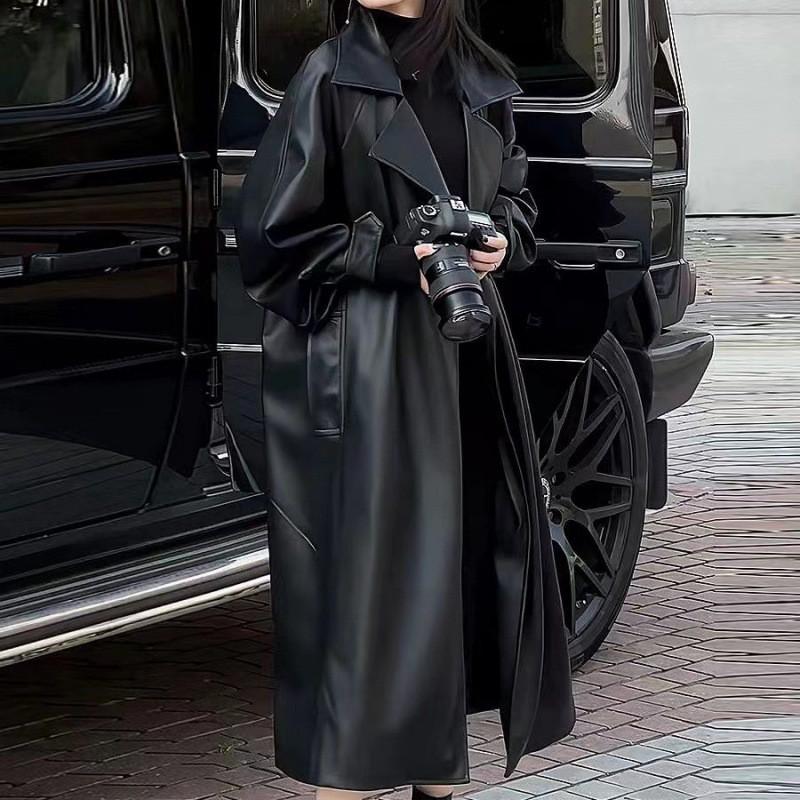 Womens Longline Faux Leather Trench Coat
