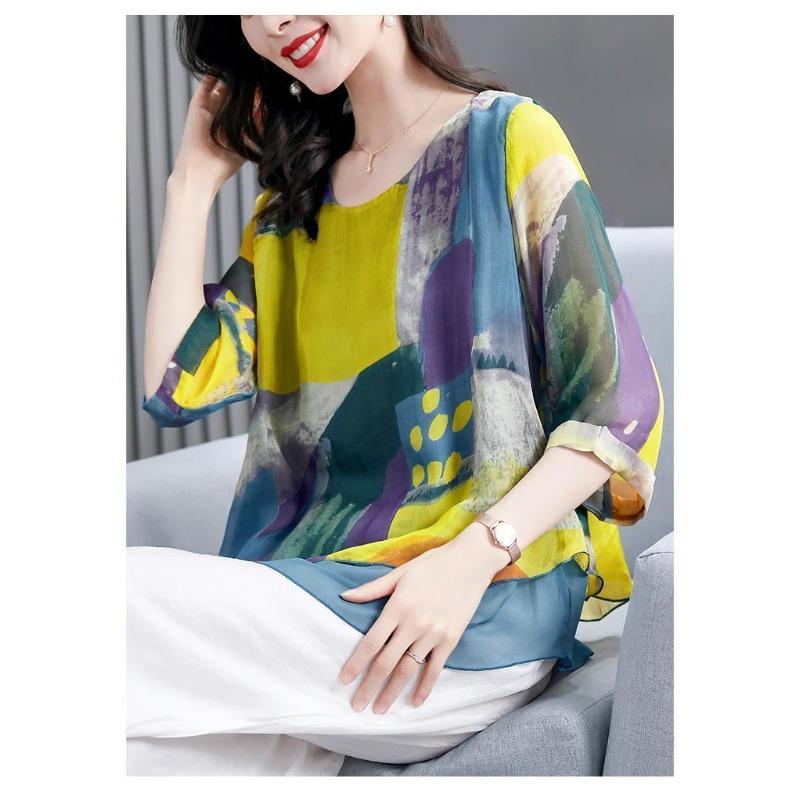 

Летние Элегантные Модные Шифоновые Блузки с Принтом Femme Рукав 3/4 Пуловер Топы Женские Свободные Повседневные Блузки 4XL жёлтый