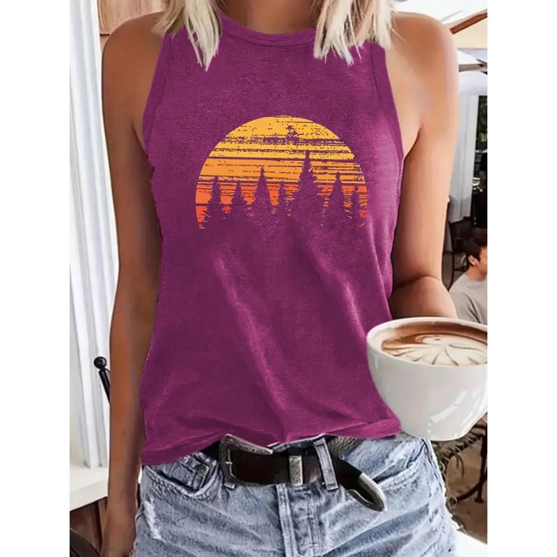 

Женские пуловеры с круглым вырезом и принтом «Восход солнца» на весну и лето, повседневный топ без рукавов XXL темно-красного