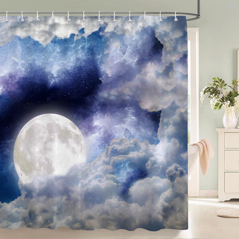 Night Moon Starry Sky Universe Fabric Shower Curtain Bathroom Curtains Moon Earth Waterproof Polyester Bath Screen with 12 Hooks