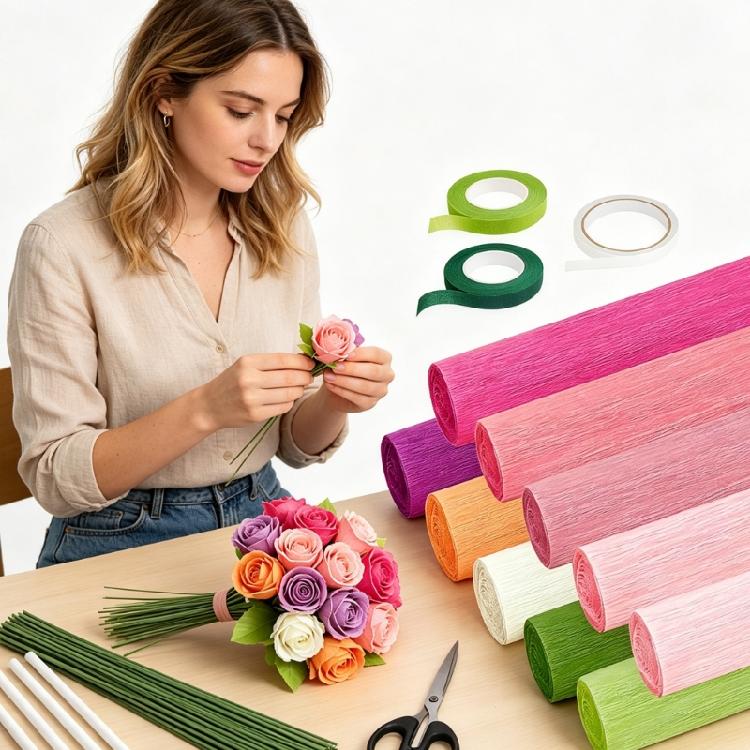 Crepe Paper Flower Supplies Set with 10 Rolls, 100 Green Wire Stems, Tapes, Scissors Adhesive Stick for Home Decorations
