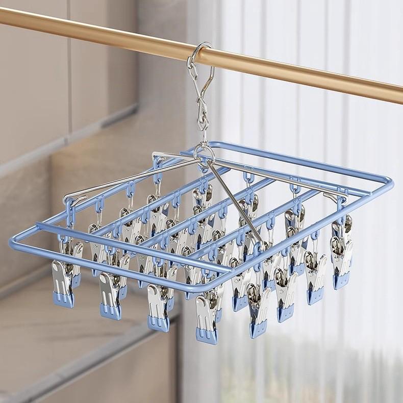 Rotatable Stainless Steel Clothes Drying Rack with 18 Windproof Rubber-Coated Clips for Socks and Underwear