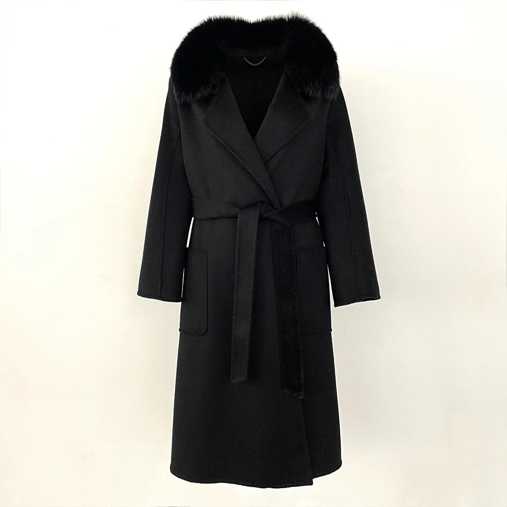 OFTBUY 2024 Autumn Winter Real Fox Fur Collar Water Ripple Double-Sided Woolen Coat Women Long Coat 100% Wool Removable Fur Collar