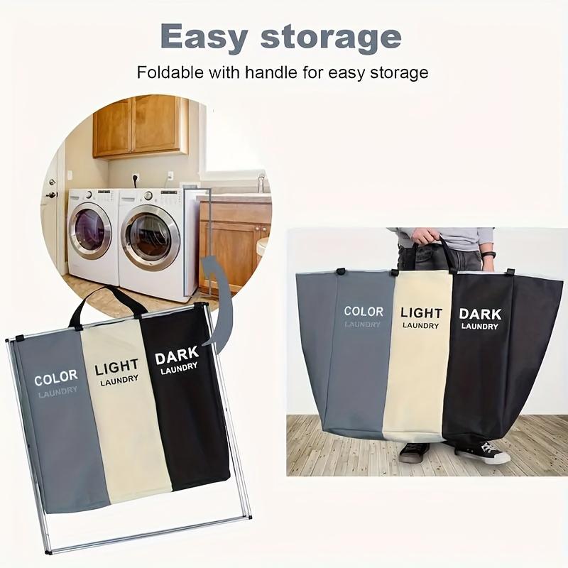 3-Section Foldable Laundry Hamper with Oxford Bags & Aluminum Frame - Dark Light Print, Ideal for Home & Dorm Clothes Storage