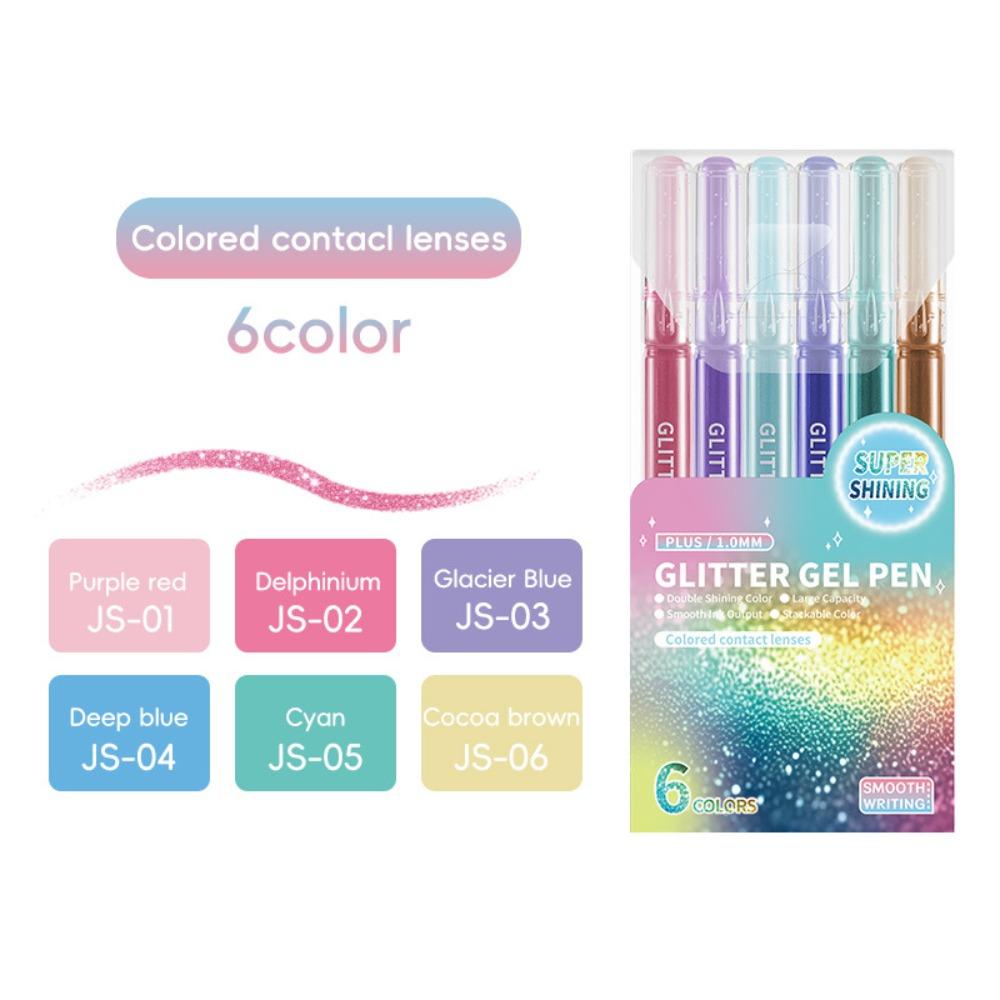 6Color Glitter Effects Gel Pens 1.0mm Writing Pens Set Colorful Art Markers DIY Journaling Pen Painting Graffiti Highlighter Pen