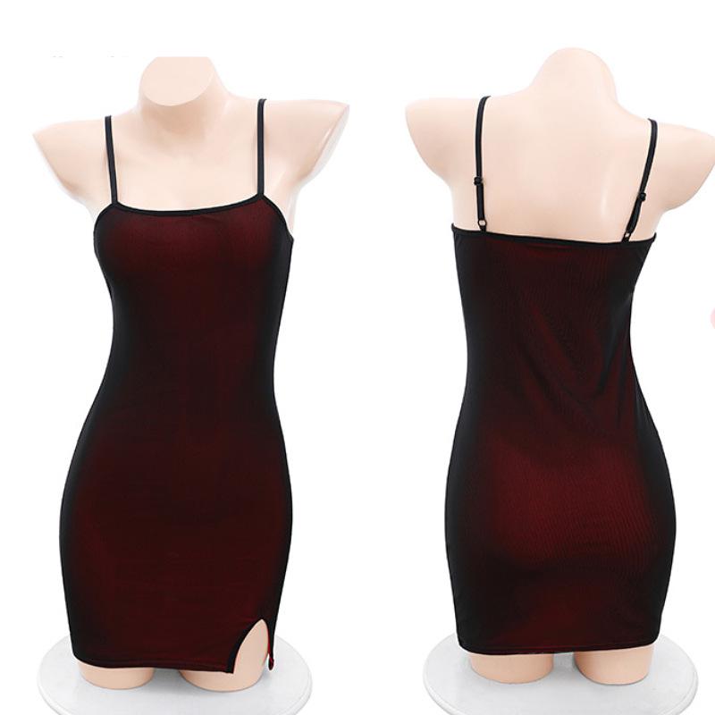 Red Color Block Strappy Bodystocking Nightgown with Thigh Highs and Sexy Lace Edging