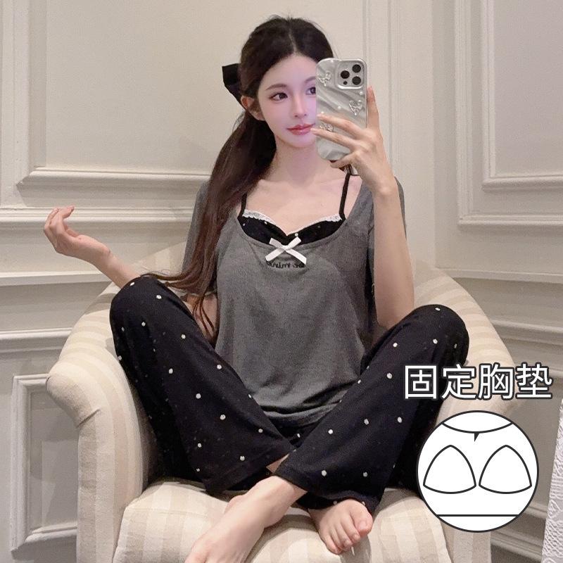 Summer Modal Fake Two-piece Short-sleeved Trousers Pajamas Drape and Thin Loungewear Suit with Chest Pads Can Be Worn by Women