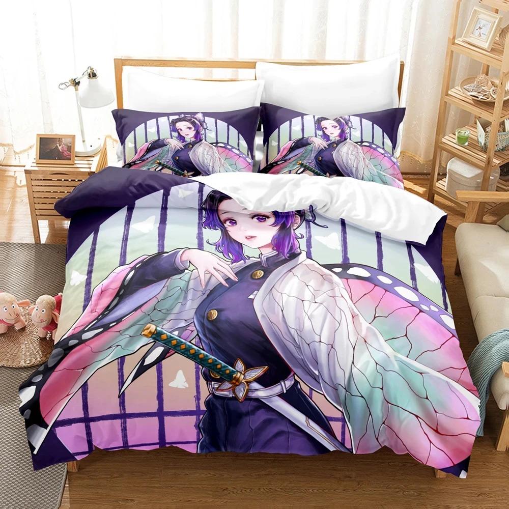 

3D Print Kochou Shinobu Bed Linen Anime Demon Slayer Bedding Set 200x200 Teens Boys Twin Single Queen King Full Duvet Cover Sets Tool 70x133cm 2pcs