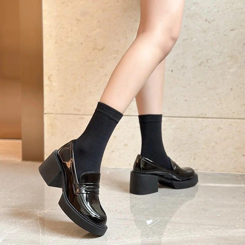 

Женские лоферы на высоком квадратном каблуке, весна 2024, лакированные кожаные туфли-лодочки на массивной платформе, женские черные туфли без шнуровки Jk, форменная обувь Мэри Джейн 40