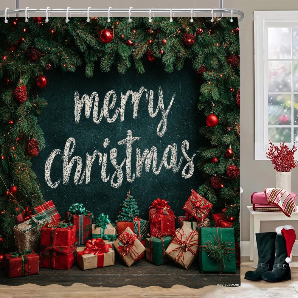 Merry Christmas Shower Curtain, Bathroom Decorative Shower Curtain, Home Decoration Christmas Gift Curtain with Hooks