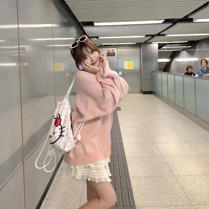 "Damen Frühherbst Roter V-Ausschnitt Koreanischer Baumwolle Kaschmir Locker Gestrickter Pullover"