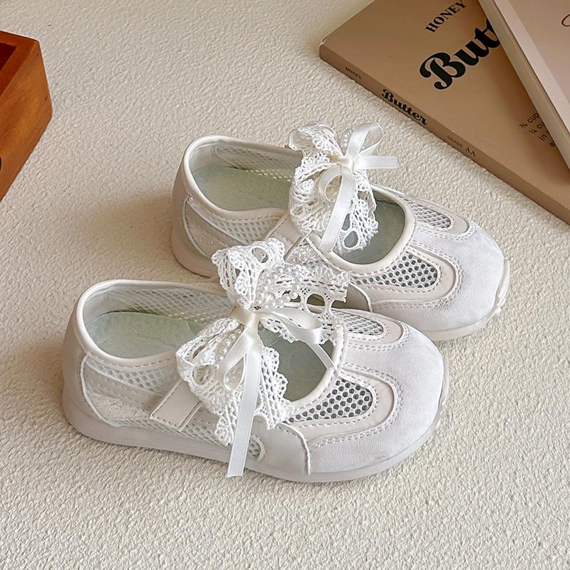 

Sweet Ribbon Bowknot Mary Jane Shoes Girl Summer Soft Non Slip Lightweight Sneakers Breathable Mesh Sports Sandals Kids 36 бежевий