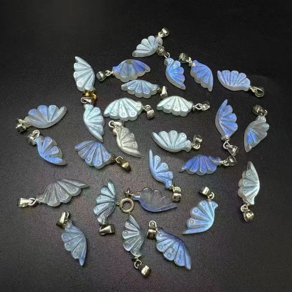 925 Sterling Silver Chakra Crystal Healing Stone Natural Moonstone Wing Pendant for Calm Mind and Relieve Tension