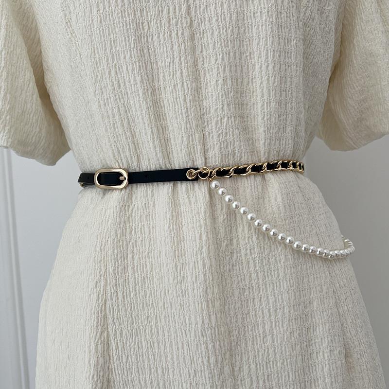 Elegant Black Layered Pearl Chain Waist Belt Accessory For Women's Outfits