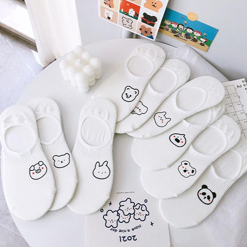5 Pairs/lot White Cartoon Boat Socks for Women Cute Sketch Thin Summer Shallow Socks Silicone Non-Slip Invisible Crew Socks
