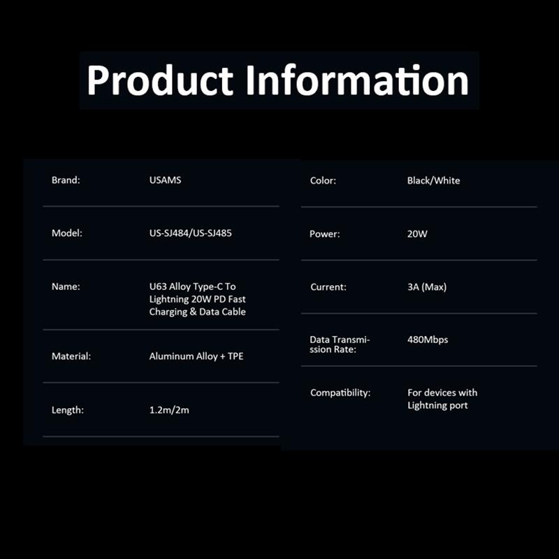 USAMS Cablu de date de încărcare rapidă de 1,2 m/2 m PD 20 W tip C la cablu de telefon Lightning pentru iPhone 13 12 11 Pro Max X Xr Xs 8 7 6 Plus