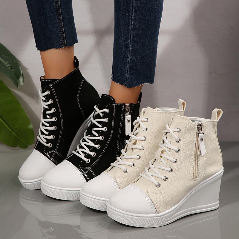 Fashion Lightweight Wedge Sneakers for Women Fashion Platform High Top Canvas Shoes Woman Zipper Lace Up Casual Walking Shoes Plus Size