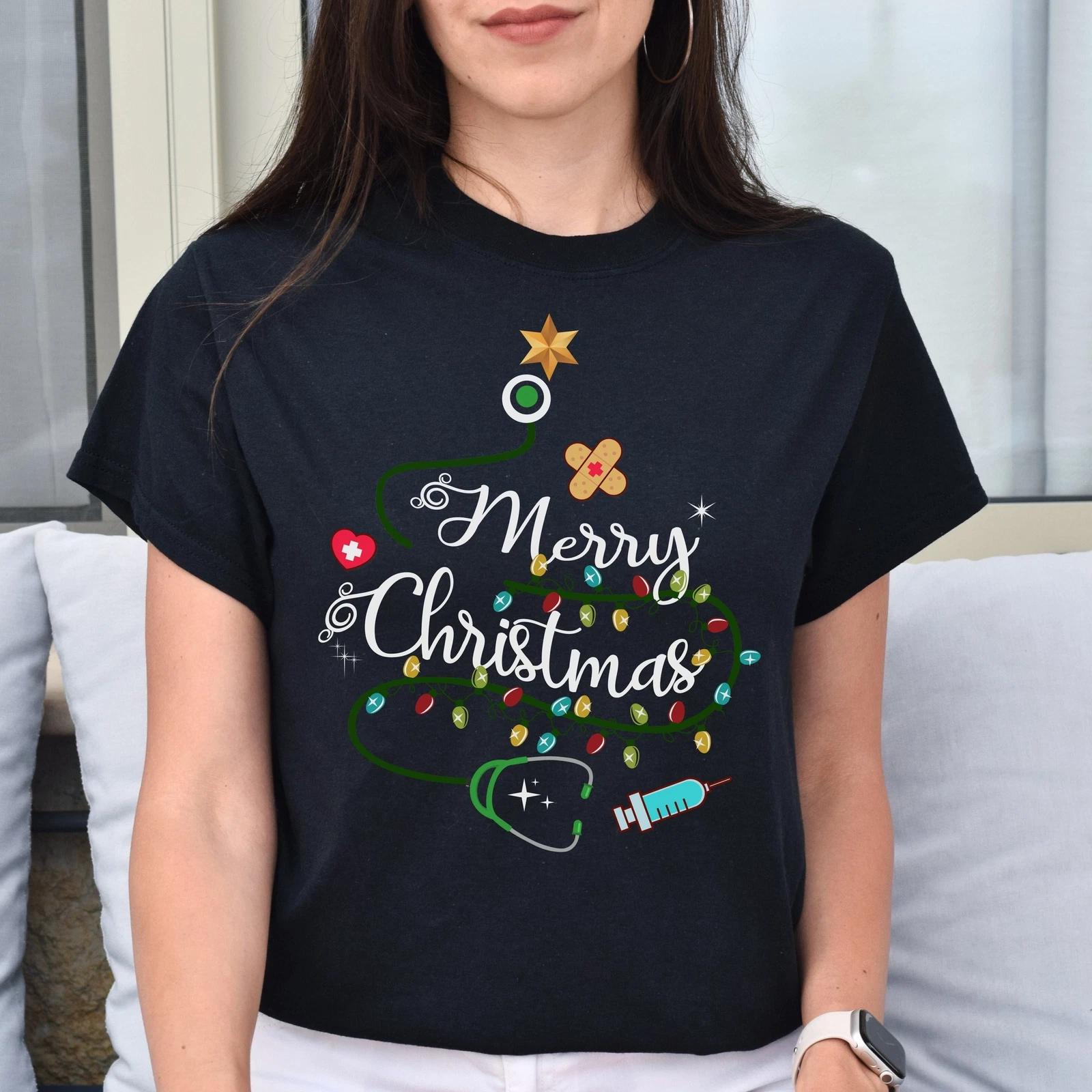 Nurse Christmas tree Unisex shirt Merry Christmas nurse tee Black Dark Heather S