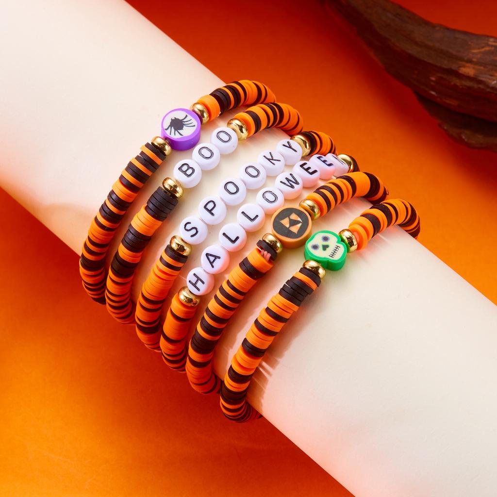 Halloween Gothic Skull Bat Bracelets for Women Handmade Polymer Clay Beaded Pumpkin Pendant Bracelet Party Jewelry Accessories