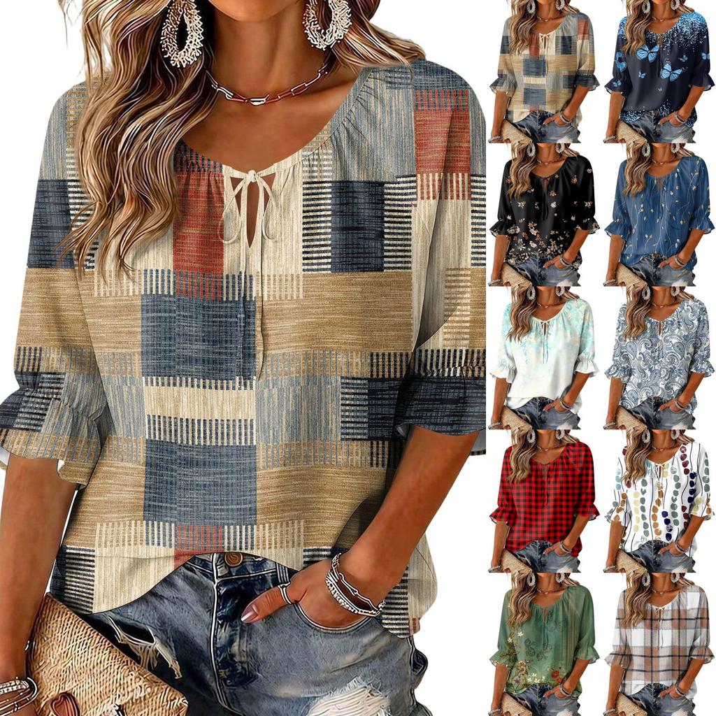 Women's Casual Floral Print Ruffled Blouse with Tie Neck and 3/4 Sleeves
