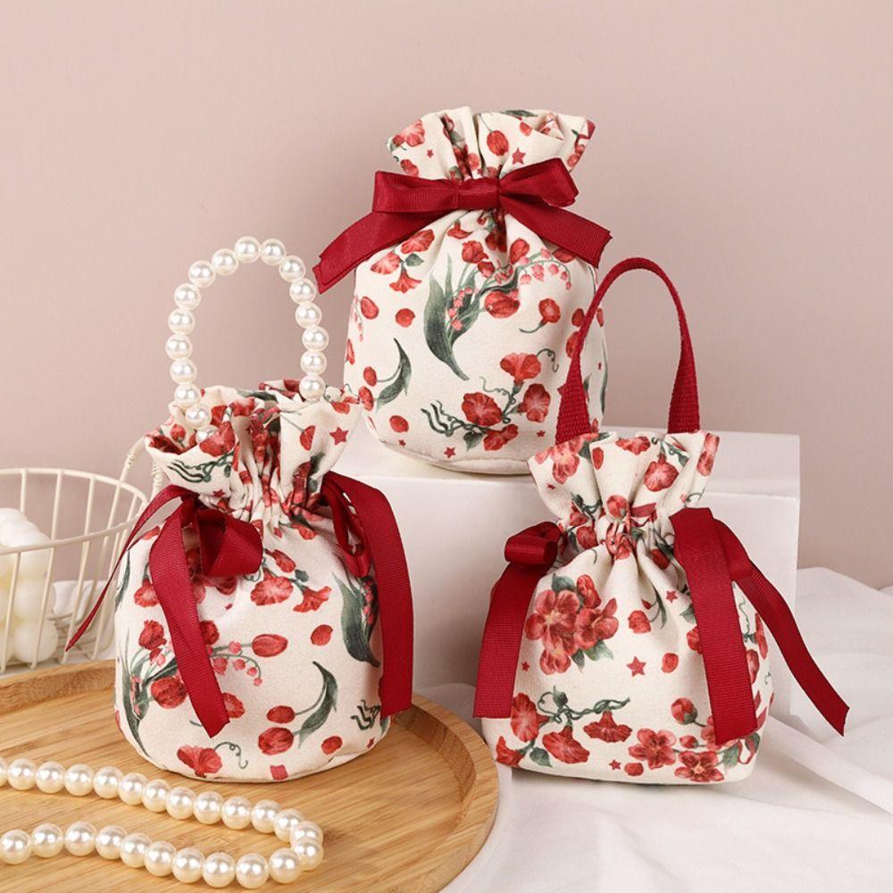 Ribbon Bow Small Flower Wrist Bag Pearl Handle Bowknot Handbag Festive Sugar Bag  Female/Girls