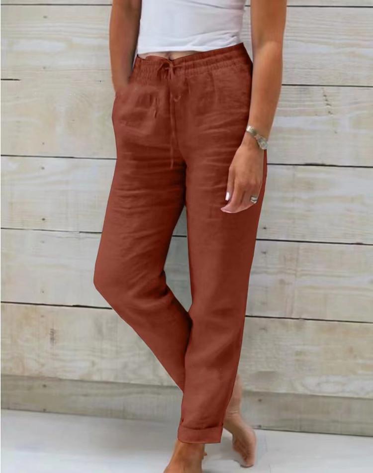 Women's Drawstring Waist Casual Pants Loose Fit Trousers Solid Color Cotton Linen Ankle Pants For Daily Leisure Wear