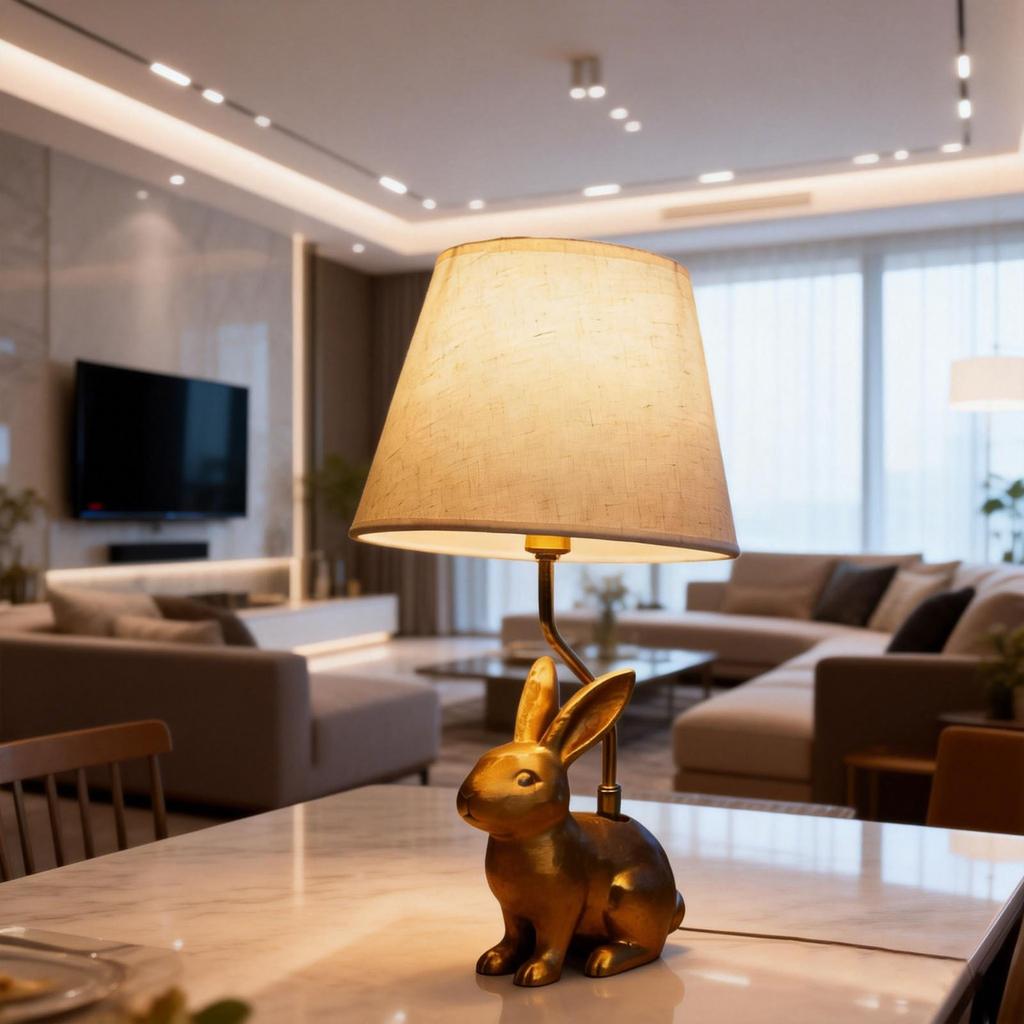 Golden Bunny Dog Resin Table Lamp With Linen Shade, Cute Desk And Bedside Lamp For Bedroom, Living Room Nightstand, Unique Home Deco