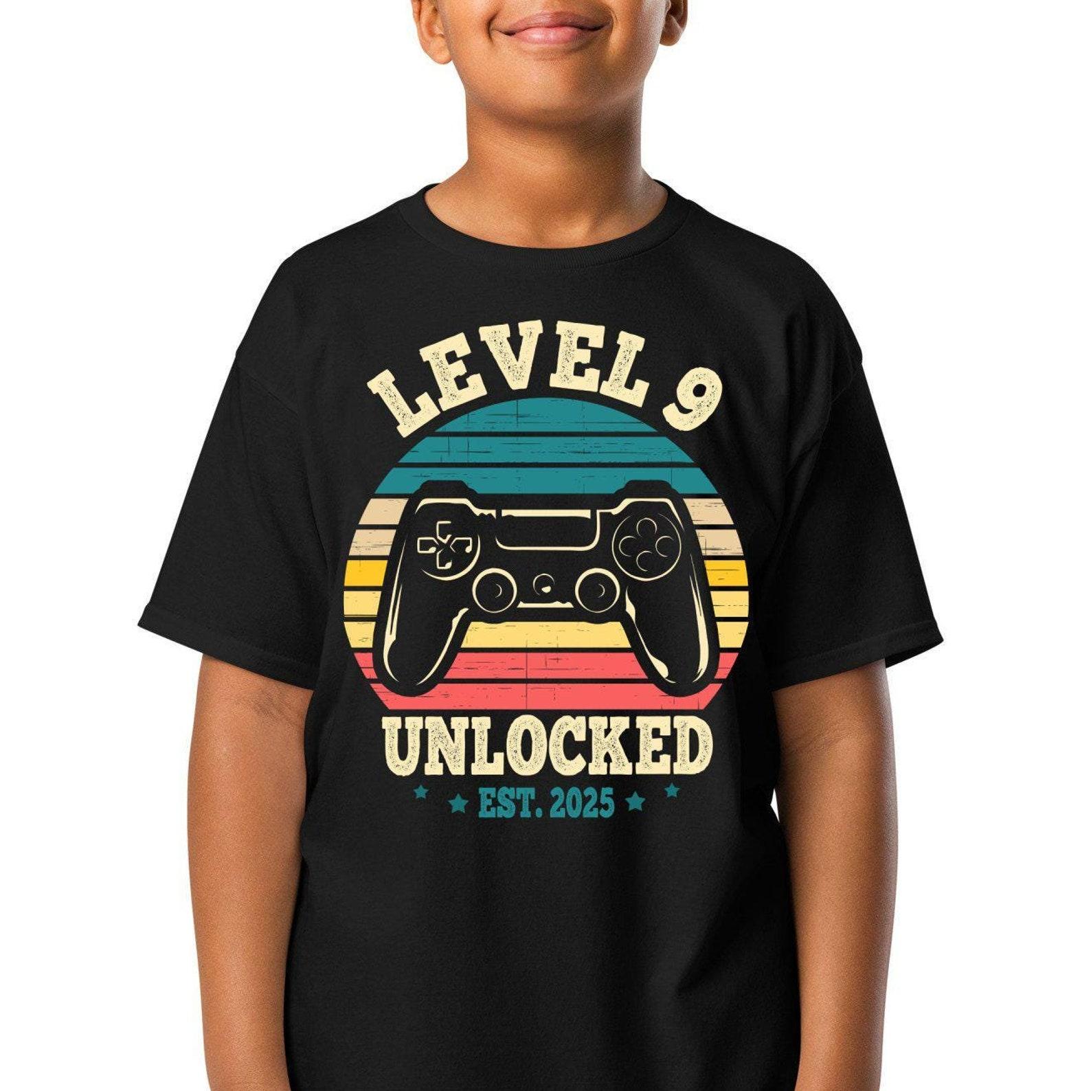 Level 9 Unlocked Personalized Birthday Shirt, 9th Birthday Gamer Gift, Birthday Boy Girl T shirt, Ninth B-day Party T-Shirt, Kids T-shirt 3XL