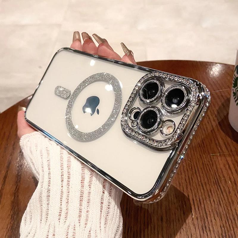 Luxury Diamond Glitter Magnetic Case For Magsafe For iPhone 16 15 13 14 12 11 Pro Max 16 Plus Wireless Charge Cover Accessories