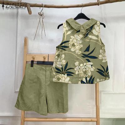 Women Sleeveless Lapel Collar Printed Vestj+Elastic Waist Shorts Set