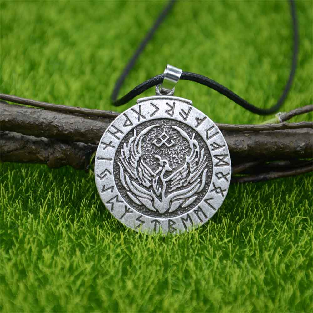 Nostalgia Phoenix Fire Bird Pendant Viking Runes Jewelry Woman Men Necklace Vintage