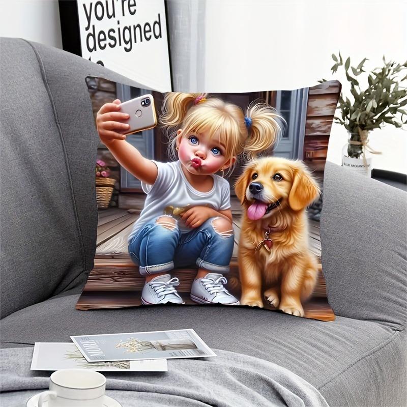 Charming Girl And Dog Printed Pillowcase Decoration Pillow Home Decoration Daily Home Decoration