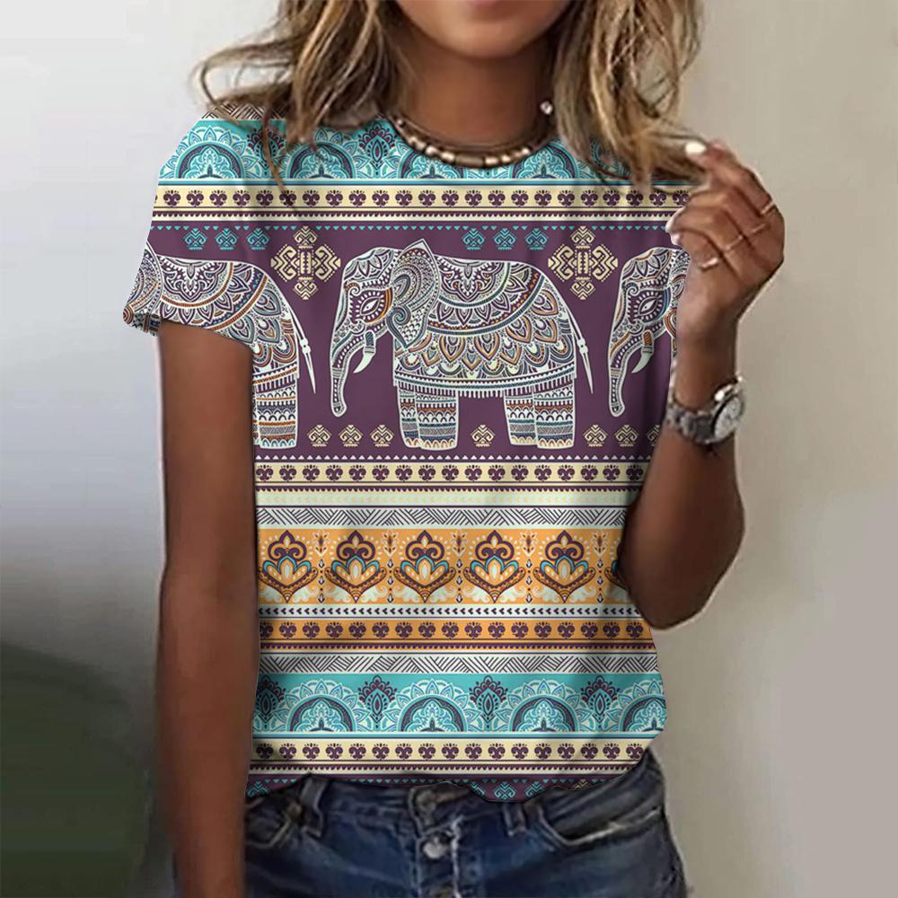 Female ethnic elephant 3D printed T-shirt, retro animal printed T-shirt, round neck casual summer T-shirt, loose short sleeved T-shirt