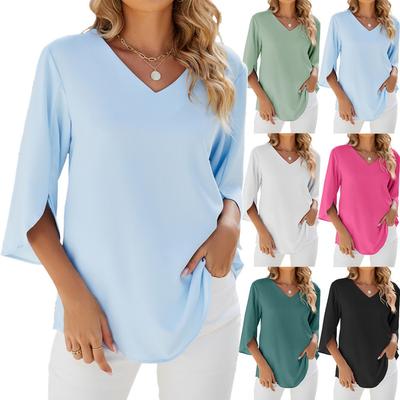Spring Summer New Women's Solid Color V-Neck Mid Sleeve Loose Chiffon Blouse Top