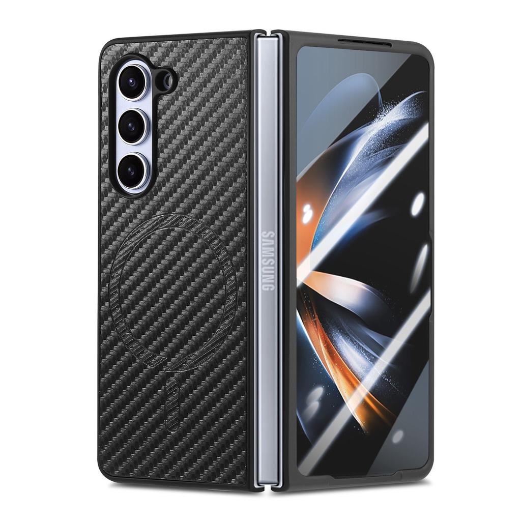 For Samsung Galaxy Z Fold6 5G Magnetic Case Carbon Fiber Texture Leather+PC Cover with Screen Film