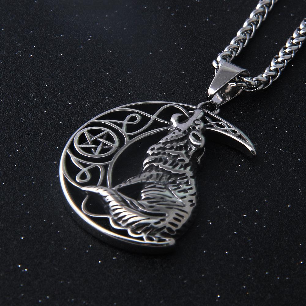 Stainless Steel Howling Wolf Moon Necklace - Viking & Slavic Animal Pendant with Adjustable Chain for Couple Jewelry Gifts