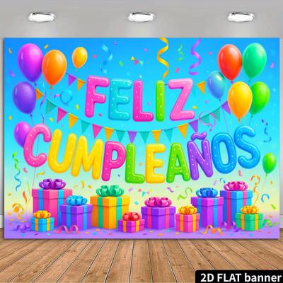 Bright Feliz Cumpleaños Tapestry, 2D Flat Printed with Multicolor Balloons and Gift Boxes for Photo Booth