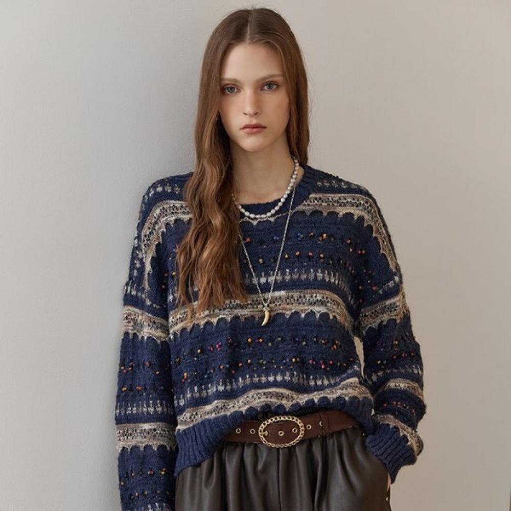 Multi Color Mix Boucle Round Neck Knit Ze11qk012na navy/FREE