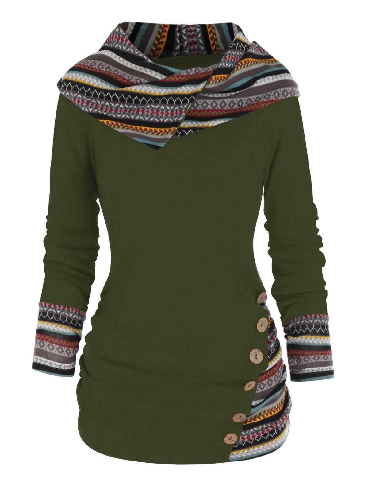 

Tribal Geometric Stripe Splicing Hooded Top Knitted Long Sleeve Button Casual Ethnic Sweater 3XL армія зелений колір