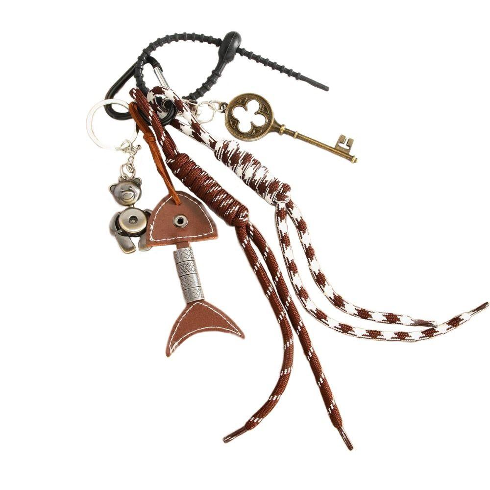 Bag Hanging Leather Fishbone Keychain Handmade Woven Ropes Keyring  Jewelry Accessories
