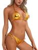 Set Bikini Metalic pentru Femei Sutien cu Șireturi și Gât Înalt Tanga cu Talie Joasă și Spate Plisat Costum de Baie Două Piese