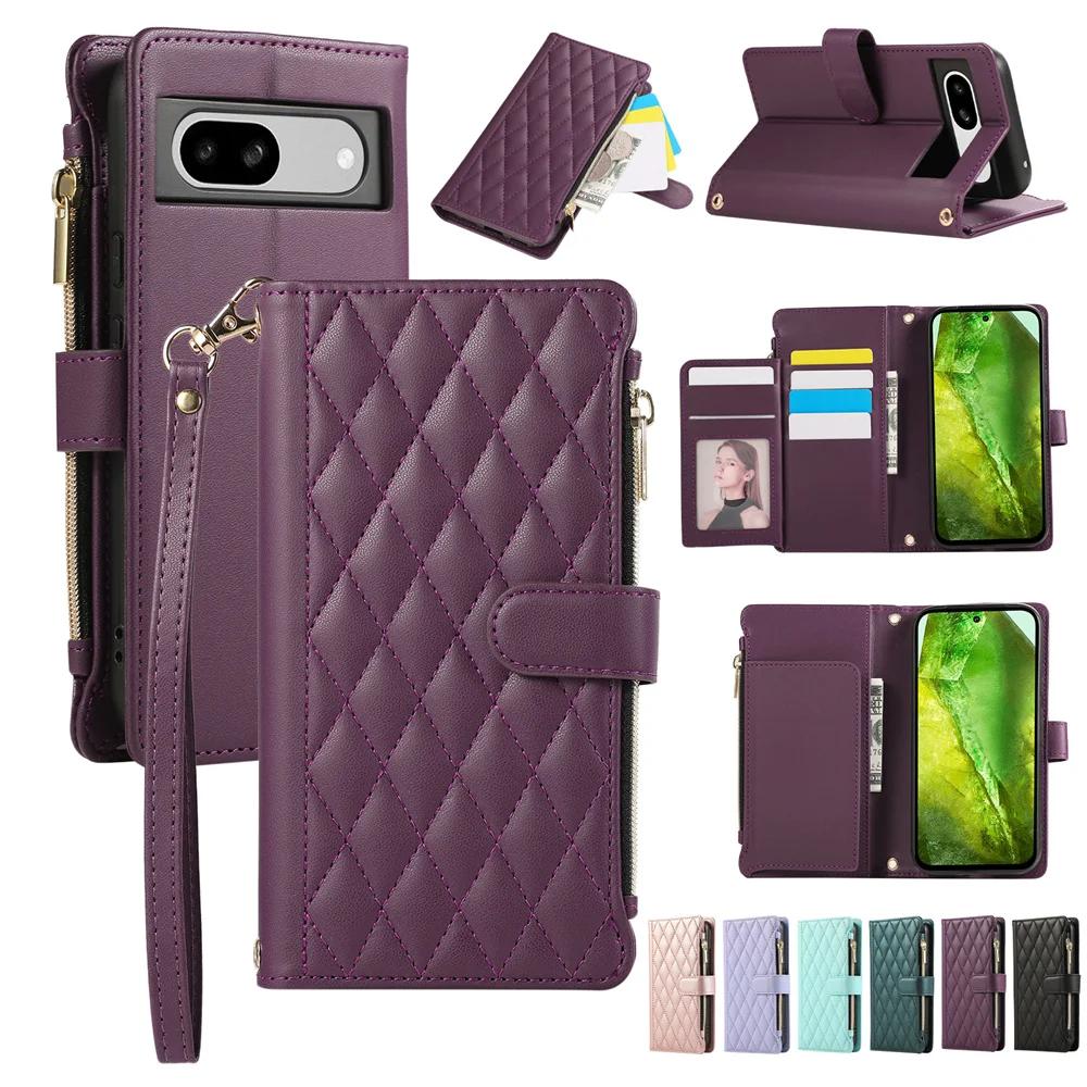 Luxury Crossbody Wrist Strap Zipper Leather Wallet Phone Case for Google Pixel 8 7 6 Pro 8A 7A 6A Magnetic Slot Card Bag Cover