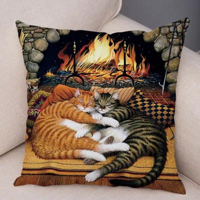 Funda de cojín con dibujo de gato para decoración del hogar, cubierta de cojín con pintura al óleo de animales, Estética de sofá