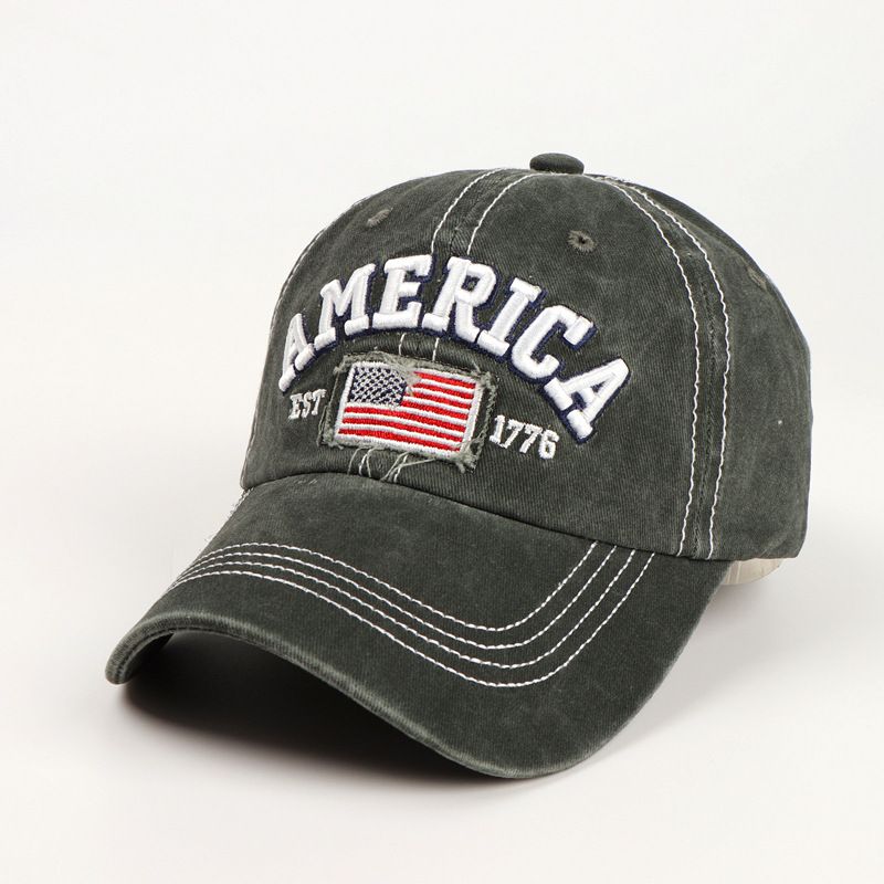 

Cross-Border New Arrival Washed Embroidered Denim Distressed Baseball Cap Men s and Women s American Flag Alphabet Embroidery Curved Brim Peaked Cap Dark green Adjustable