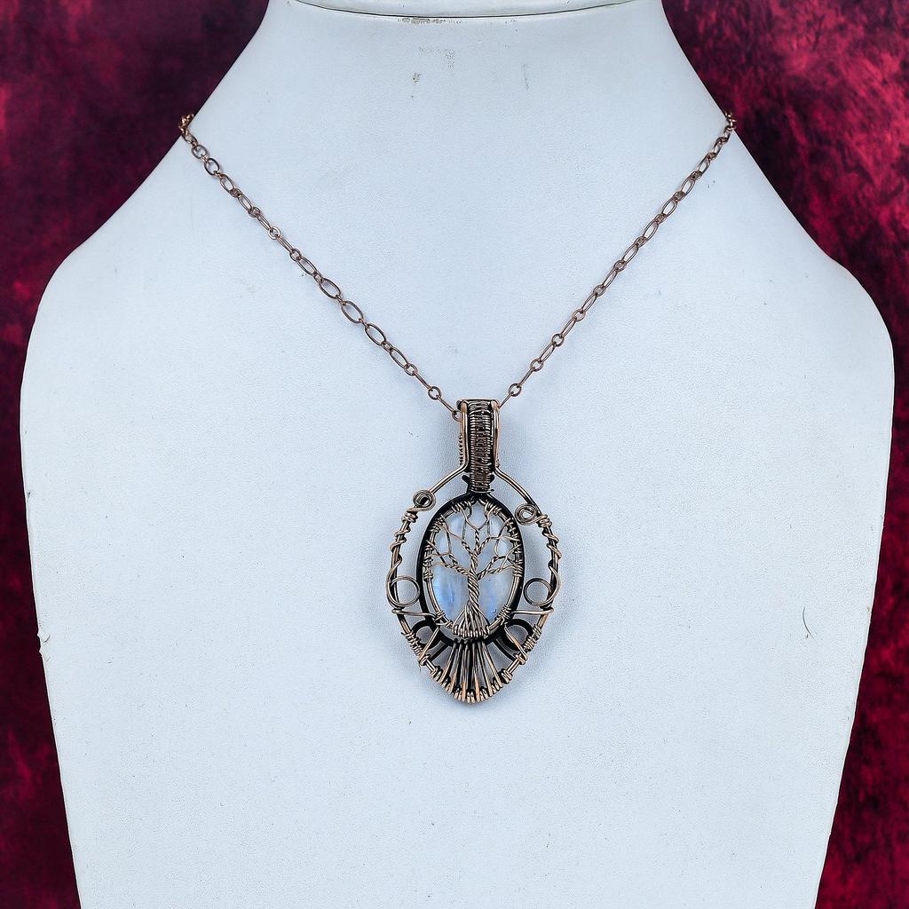 Tree Of Life Rainbow Moonstone Pendant Copper Wire Wrapped Gemstone Jewelry